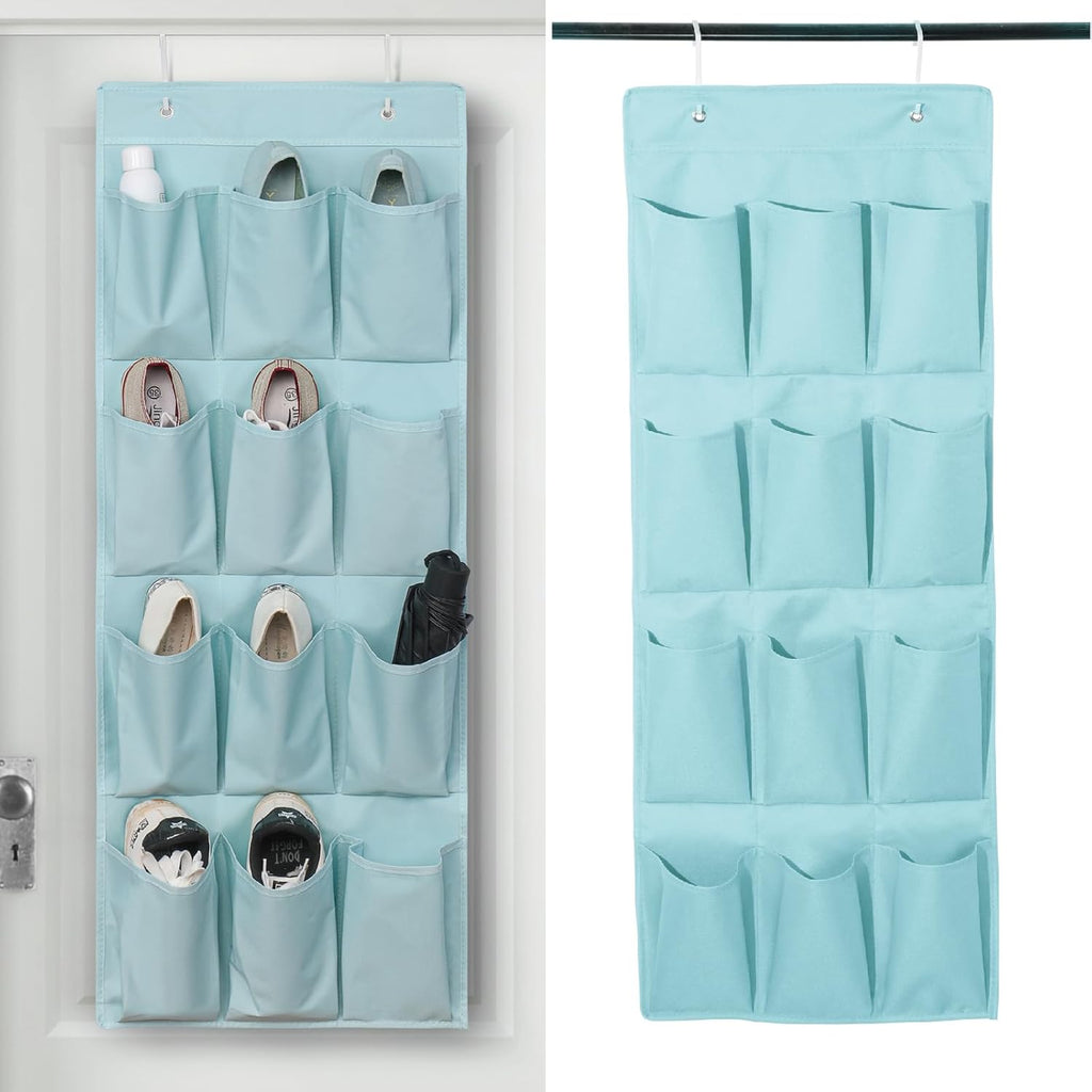 Skiennix Over The Door Shoe Organizer - 12 Large Pocket Hanging Rack for Closet Storage | Light Blue