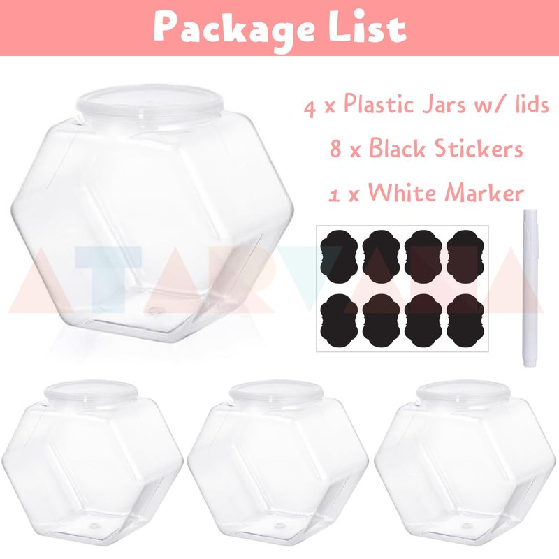 Atarvana Plastic Candy Jars 72oz Set of 4, Hexagon Candy Containers with Airtight Lids for Candy Buffet, Kitchen Storage Containers Set