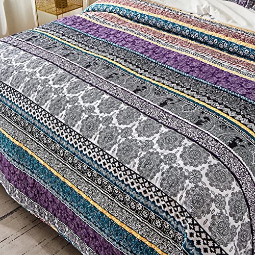 Boho Quilt Set Queen Size - 3 Piece Purple Floral Bedding