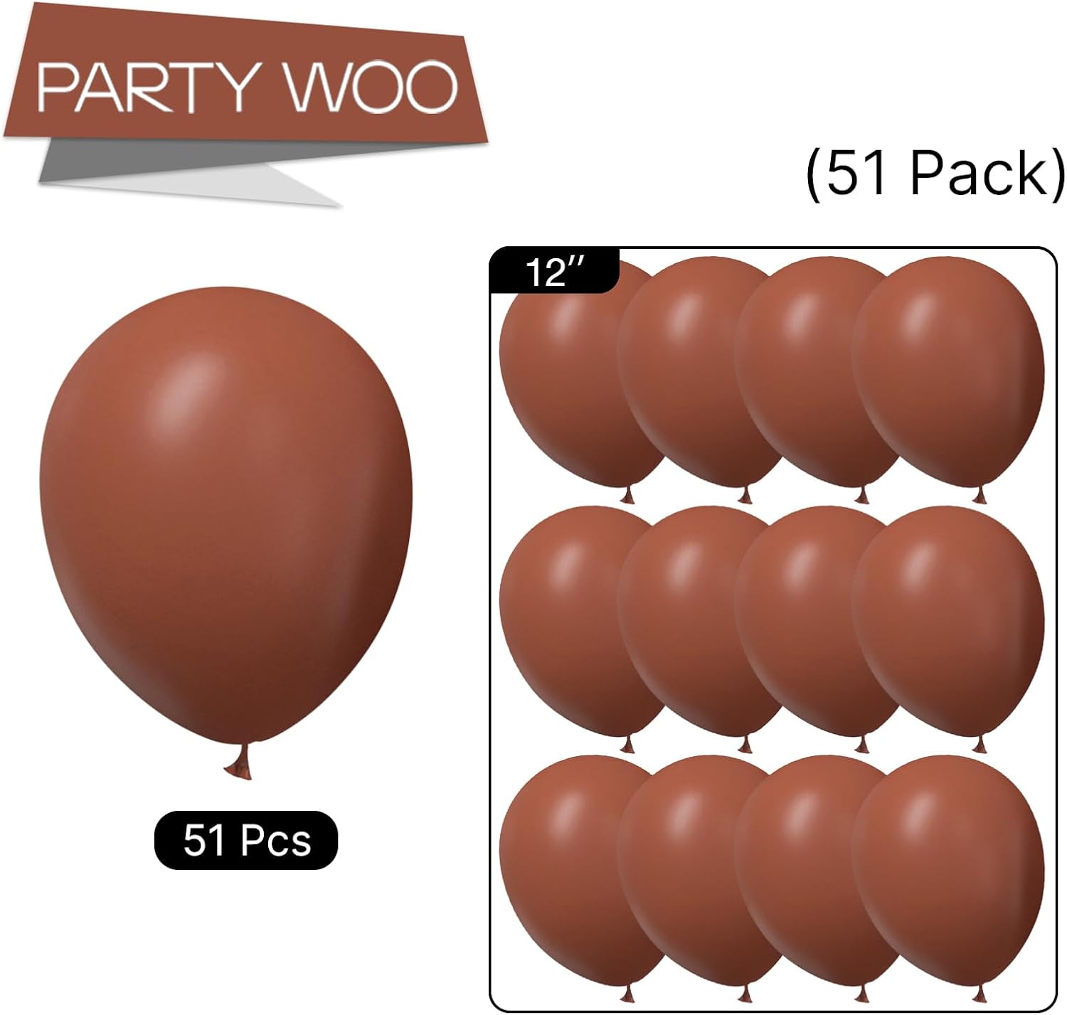 PartyWoo Brown Balloons - 51 Pcs 12 Inch Dark Brown Latex Helium Balloons for Weddings & Events
