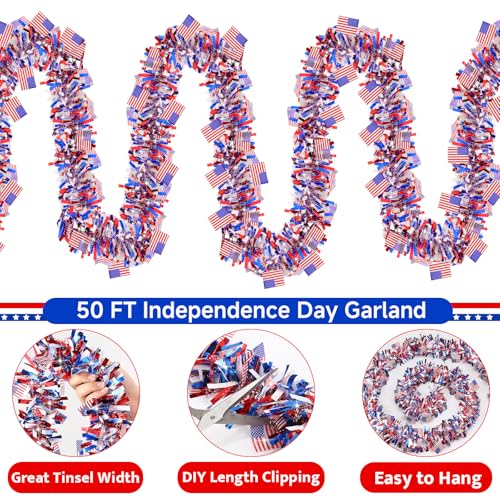 50 FT Patriotic Tinsel Garland - Red White & Blue 4th of July Decor