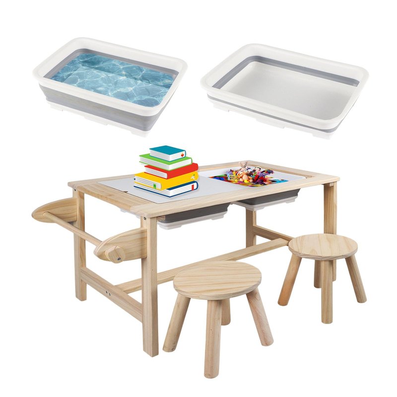 QEKMSY Kids Sensory Bins Table with 2 Stool, Multifunctional Children Interactive Activity Wooden Table Set for 1-3 Years, Drawing Table Play Sand & Water with Storage Bins Lid