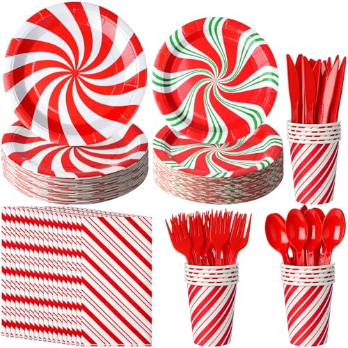350 Pack Christmas Candy Cane Party Plates Napkins Cutlery Set for Holiday Celebration