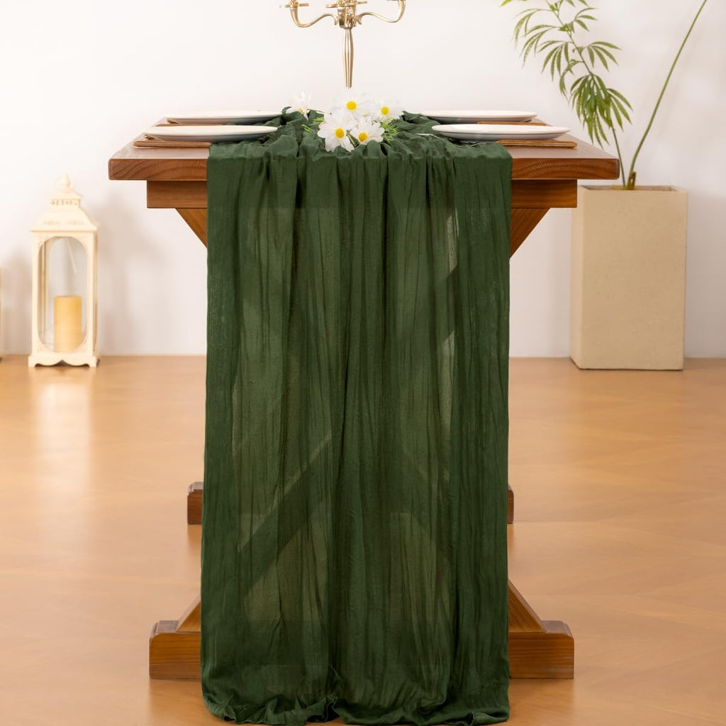 Socomi Olive Green Cheesecloth Table Runner - 120 Inch Boho Rustic Gauze for Weddings & Events