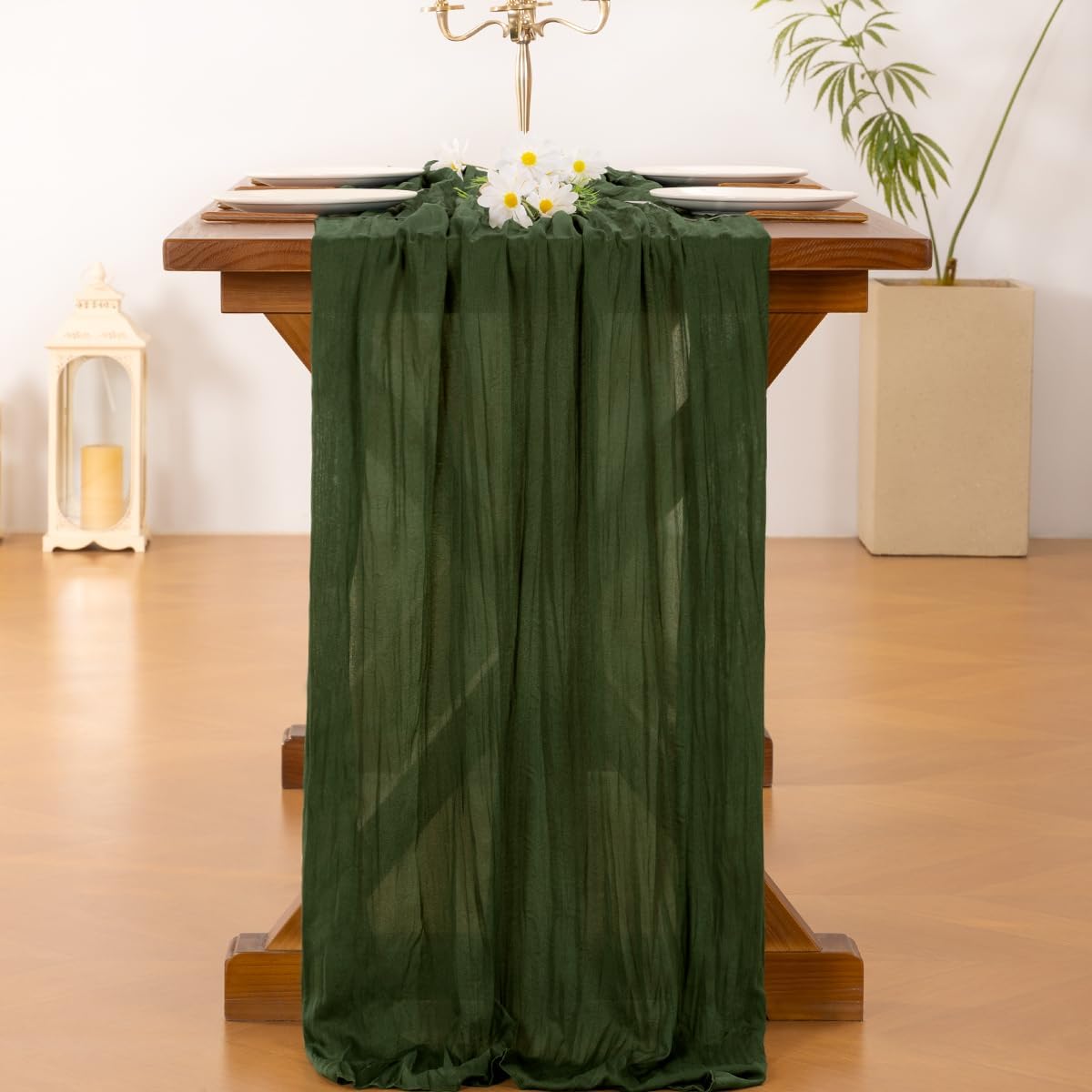 Socomi Olive Green Cheesecloth Table Runner - 120 Inch Boho Rustic Gauze for Weddings & Events