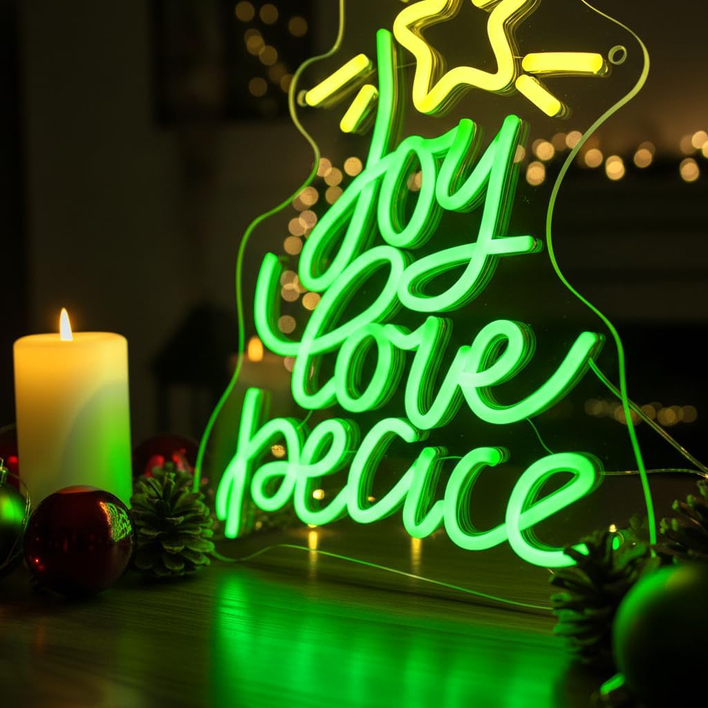 Neon Christmas Tree Sign by [Brand Name] - USB Powered LED Holiday Decor for Wall | Peace, Love, Joy Design