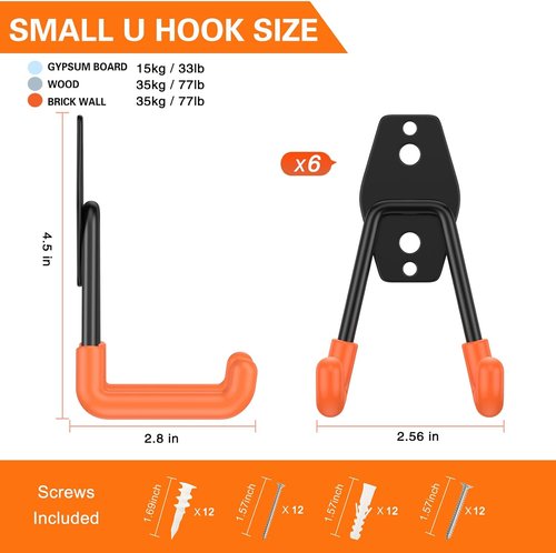 HUPBIPY Heavy Duty Garage Hooks - 6 Pack Small U-Shaped Hangers for Tools & Bulk Item Storage