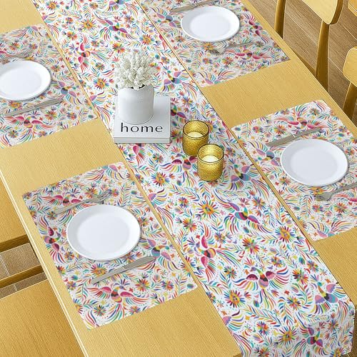 Ambesonne 4 Placements + 1 Runner Set 16x72in Red Cream - Mexican Nature Pattern