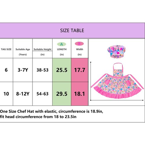 MHJY Kids Apron Hat Set for Girls Vintage Pleated Skirt Aprons with Adjustable Strap Pockets for Baking Cooking (8-12 Years)
