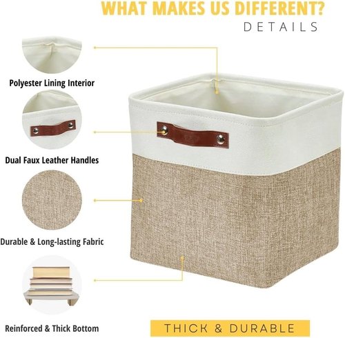 DECOMOMO Storage Cubes - 11x11 Cube Storage Bins | Beige & White, 4 Pack for Organized Shelving