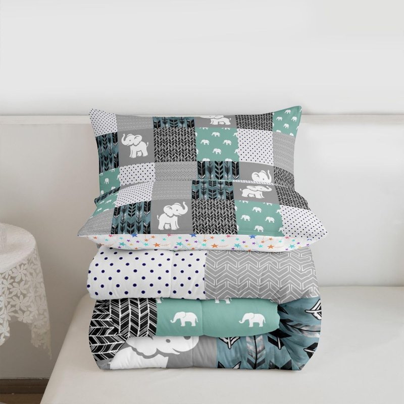 Feelyou Cute Elephant Comforter Boho Buffalo Check Plaid Bedding Set for Boys Girls Women Men Famhouse Geometric Comforter Set Teal Gray Bohemian Arrow Room Decor Twin Size Quilt 2Pcs Boys