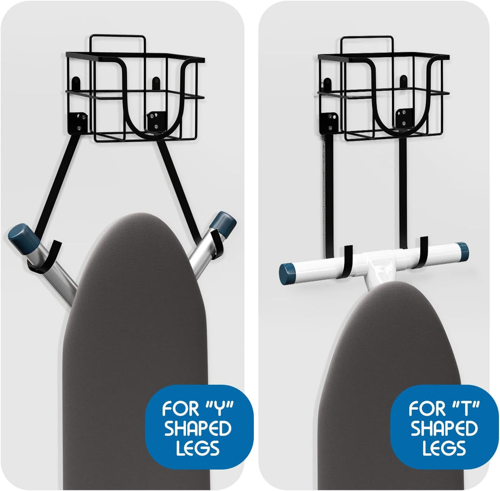 T&V Shaped Ironing Board Holder - Wall Mount & Over The Door Hanger | Heat Reflective Cover & Pad Set