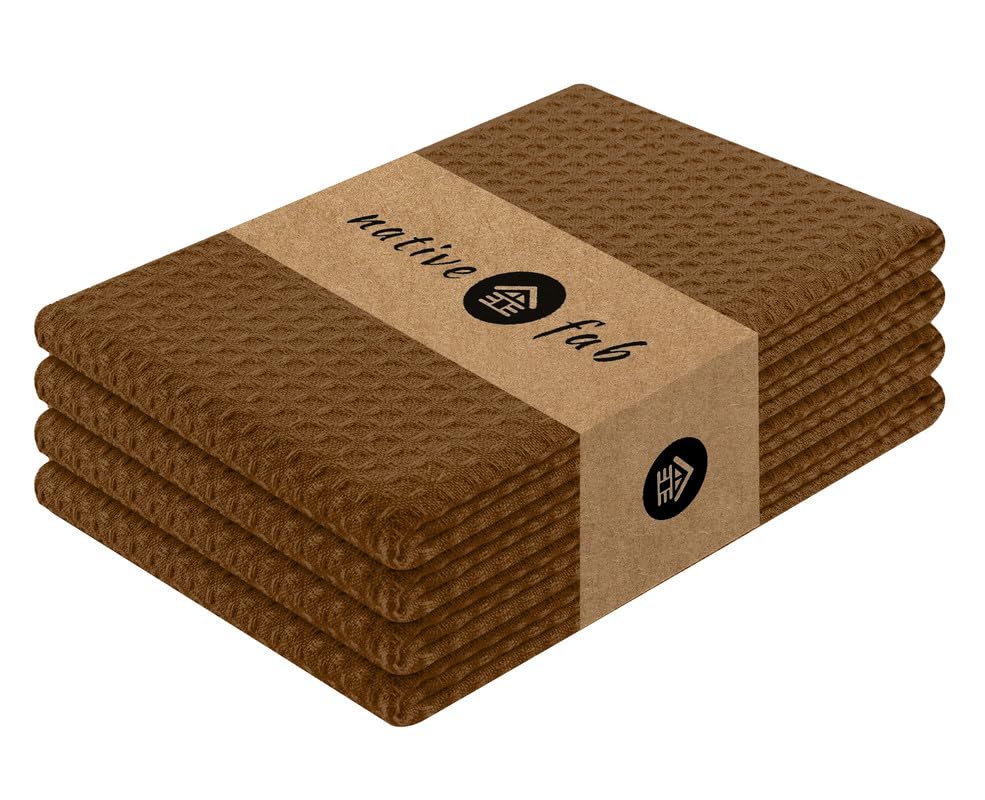 Native Fab Cotton Dish Towel 4 Pack Waffle Weave Tea Towels for Cleaning Drying, 16x26 inches, Soft & Absorbent Washcloths, Kitchen Towel with Hanging Loop, Dish Cloth Set, Brown
