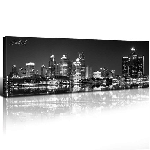 Black and White Detroit Skyline Wall Art for Living Room USA Michigan Cityscape Picture Bedroom Wall Decor Night View Downtown City Building Skyscraper Panoramic Painting Artwork Home Decoration 14x48