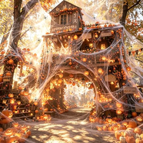Halloween Spider Webs with 50 Fake Spiders - 1200 sqft Stretchable Decor