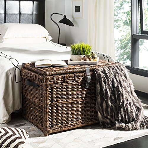 Wicker Storage Trunk, 35.5-Inch Collapsible Rattan Chest with Leather Straps