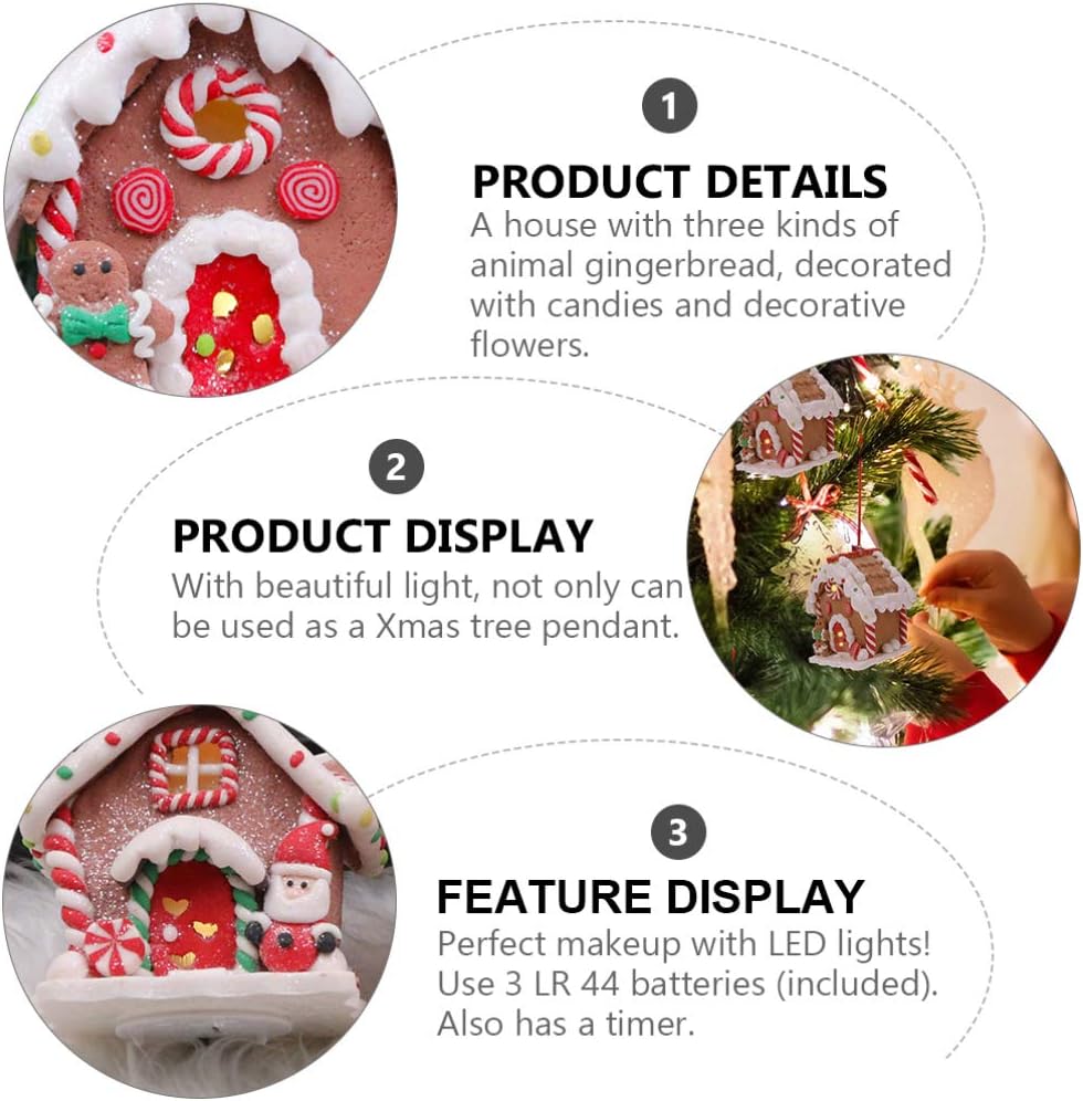 Toyvian Gingerbread House Ornaments - LED Christmas Village Set with Santa & Snowman Figures | 3 Pcs