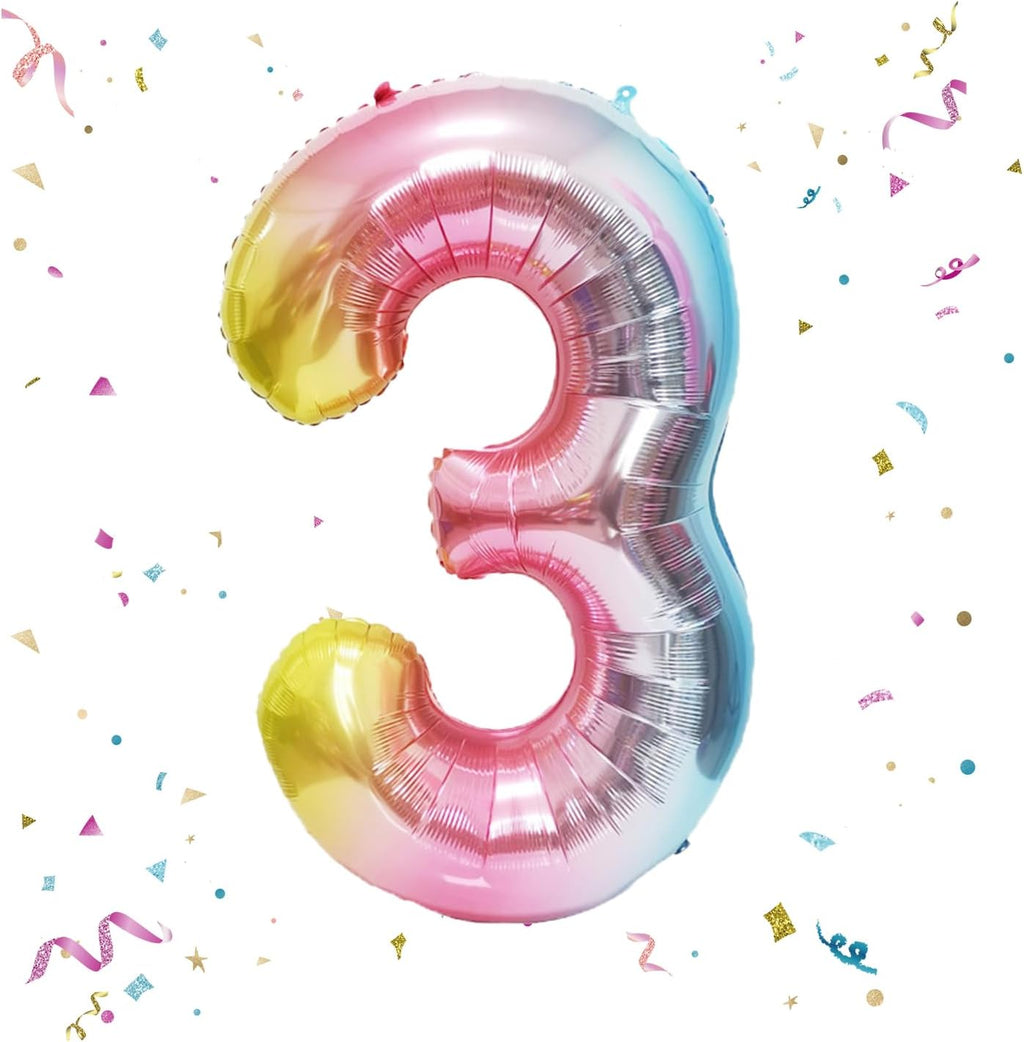 Skiennix 40-Inch Giant Rainbow Number 3 Balloons - Helium Mylar Foil for Birthday Party Decor