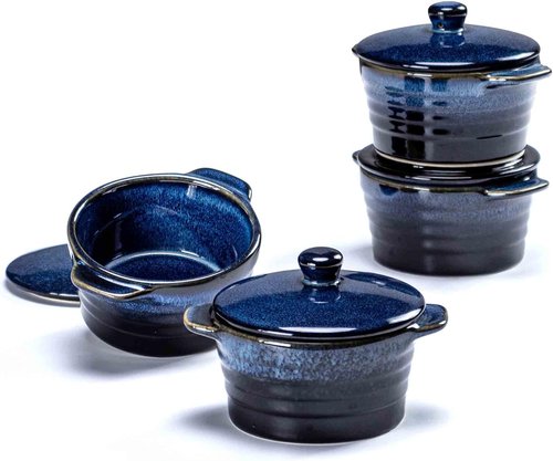 Henten Home Ceramic Ramekins - 8 Oz Porcelain Mini Cocotte Set of 4 with Lid & Handle | Deep Blue
