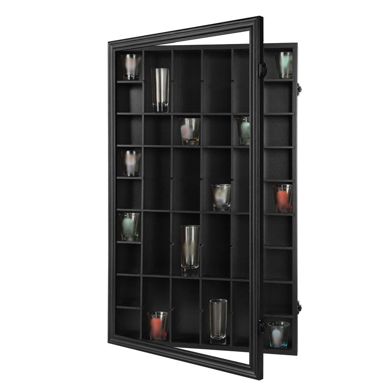 Sboitflmm 46 Shot Glass Display Case - Wall Mount Wooden Lockable with Removable Shelves, UV Protection Acrylic Shot Glass Door, Black