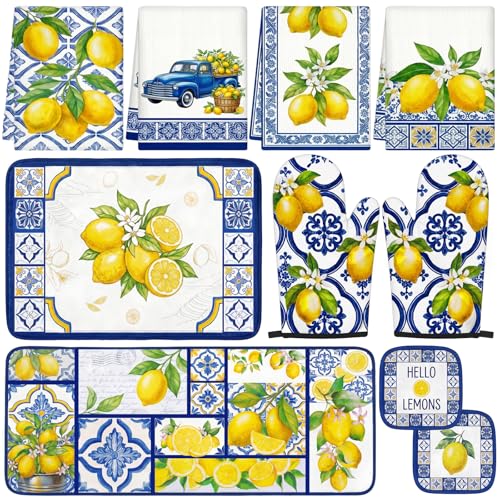 10-Piece Lemon Kitchen Decor Set: Towels, Oven Mitts, and Floor Mats