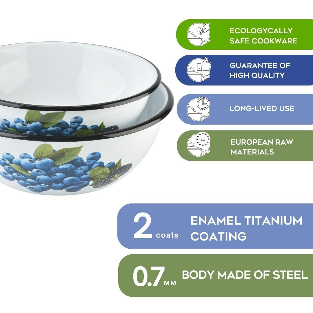 STP GOODS Enamel Bowl Set of 2, Enamel Serving Bowl, Enameled Steel Mixing Bowl for Cooking Prepping, Vintage Salad Bowl (Blueberry 2.7 Qt (2.5 L), 4.2 Qt (4 L))