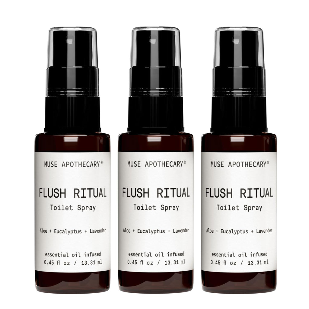 Muse Apothecary Flush Ritual Toilet Spray - Refreshing Aromatic Essential Oils | Aloe, Eucalyptus, Lavender - Travel Size Mini Collection, 0.45 oz, 3 Pack