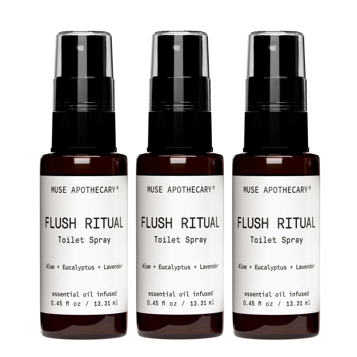 Muse Apothecary Flush Ritual Toilet Spray - Refreshing Aromatic Essential Oils | Aloe, Eucalyptus, Lavender - Travel Size Mini Collection, 0.45 oz, 3 Pack