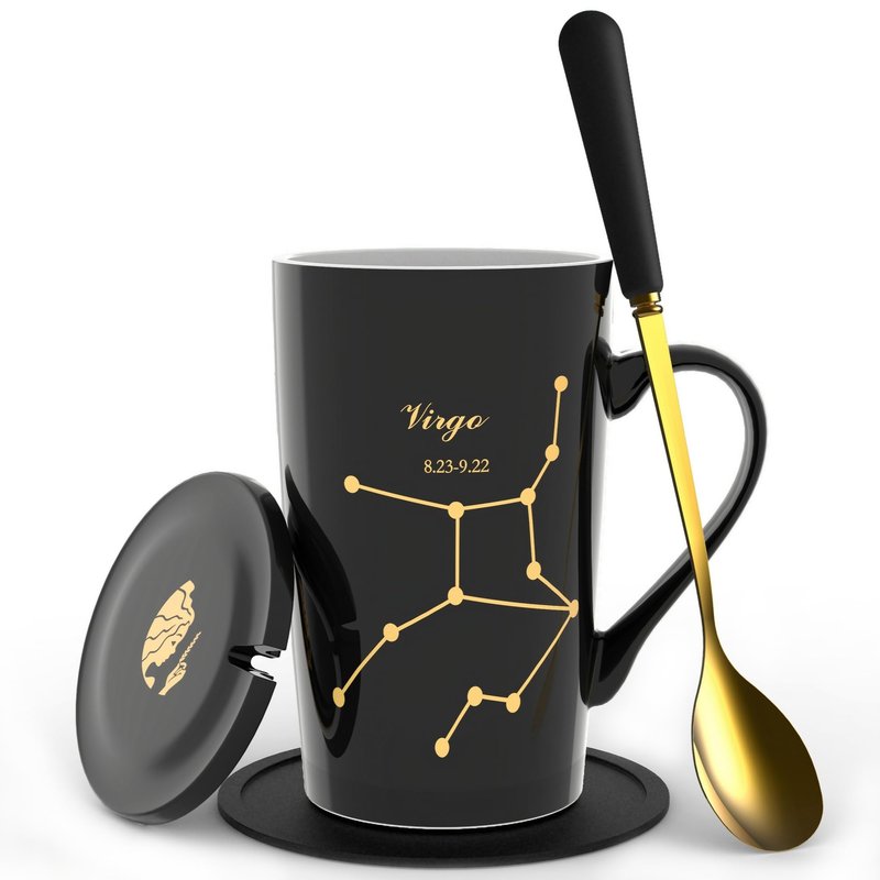 FULLCCI Virgo Birthday Gifts for Women 15oz Ceramic Coffee Mug with Lid Spoon Coaster Astrology Mugs Upgrade Porcelain Tea Cup Virgo Gifts (Black-Gold)