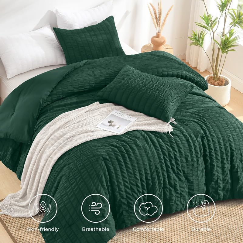 Dark Green Seersucker California King Comforter Set - 3 Pieces