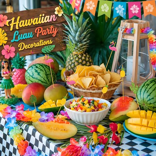 OHOME Luau Party Decorations - 48 Tropical Cocktail Picks with Flamingo, Pineapple & Cactus Designs