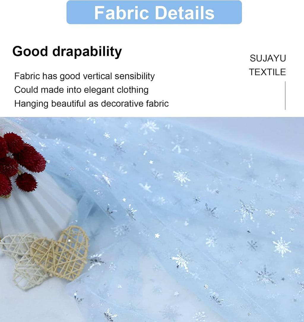 SUJAYU Snowflake Organza Fabric - Sheer Silver Foil Tablecloth & Christmas Tree Skirt (59" x 118", Blue)