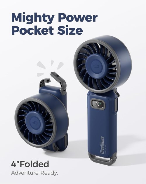 Diveblues Portable Handheld Fan - 7.4m/s Turbo Speed | 180° Foldable 4-in-1 Neck Fan with USB-C Rechargeable Battery