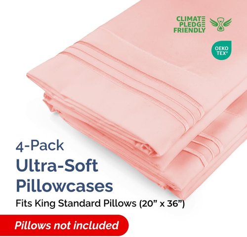 King Standard Pillow Cases - Soft Hotel Quality Pillowcase Covers | Comfy & Machine Washable - 4 Piece Set in Baby Pink