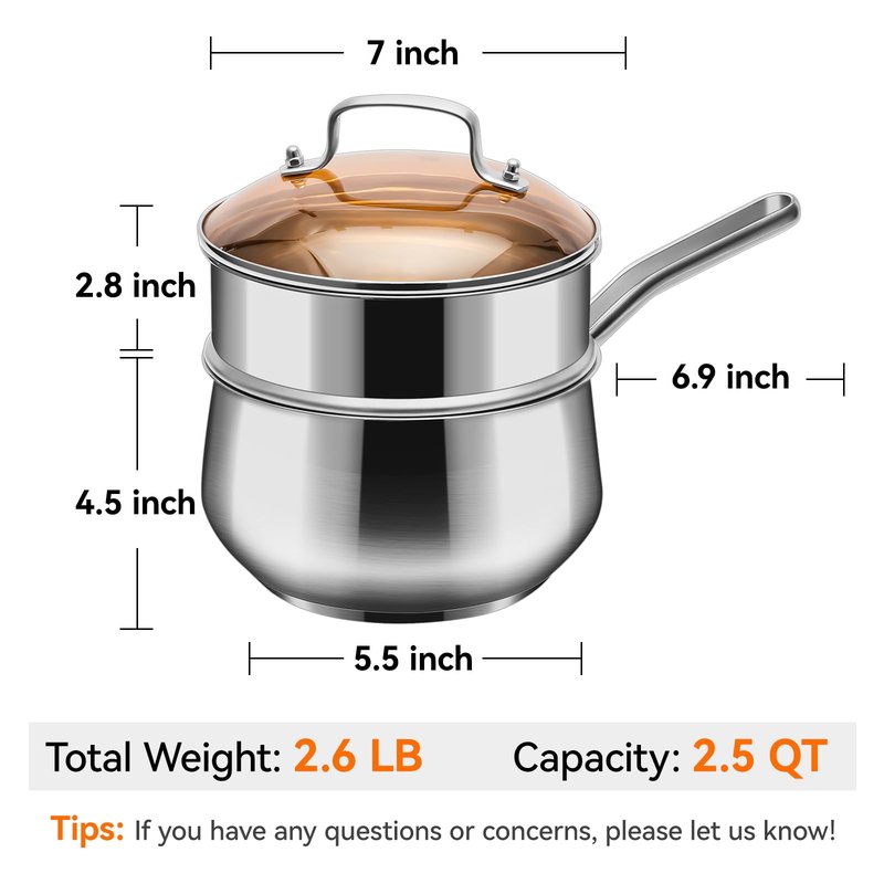 WANGYUANJI 2.5 Quart Stainless Steel Saucepan with Steamer Basket - 2-in-1 Multipurpose Steamer Pot for Cooking, Veggies & Pasta - Tri-Ply Bottom Induction Sauce Pan with Glass Lid, Silver