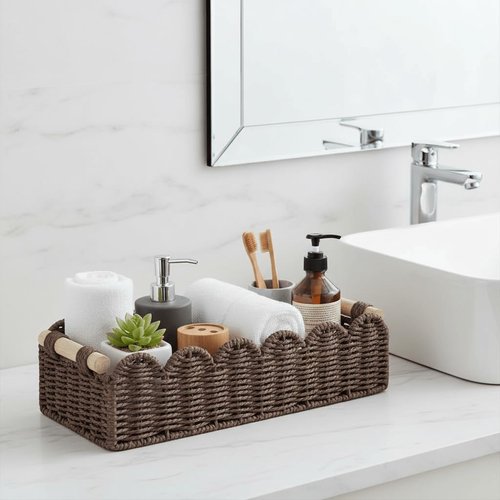 CubesLand Paper Rope Storage Basket - Scalloped Edge Design for Organizing | Brown with Wood Handle