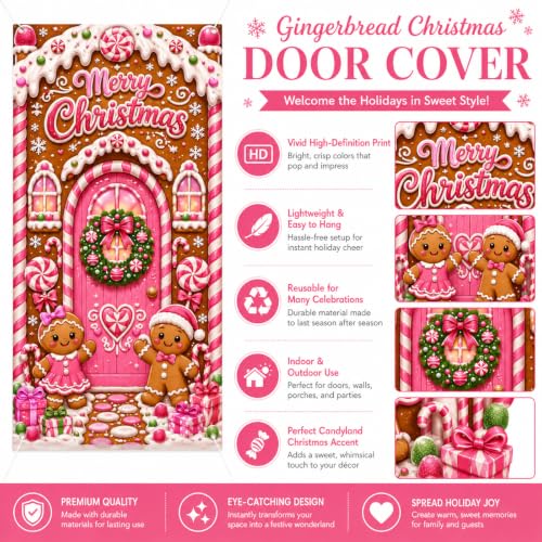 Pink Gingerbread Door Cover - 72x35 in Gingerbread Christmas Banner, Noravexil