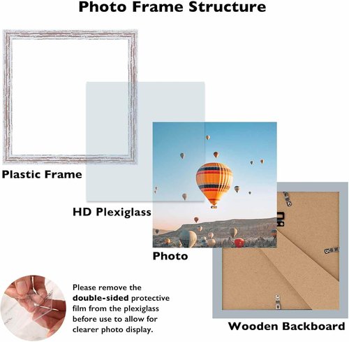 JCJMY 8x8 Picture Frame - Rustic White Wall Hanging & Tabletop Display with Shatter-Resistant Plexiglass