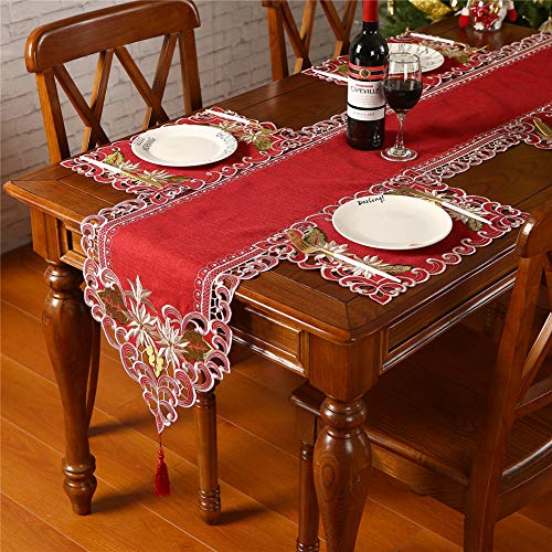Red Embroidered Christmas Table Runner 15x69 Inch for Holiday Decor