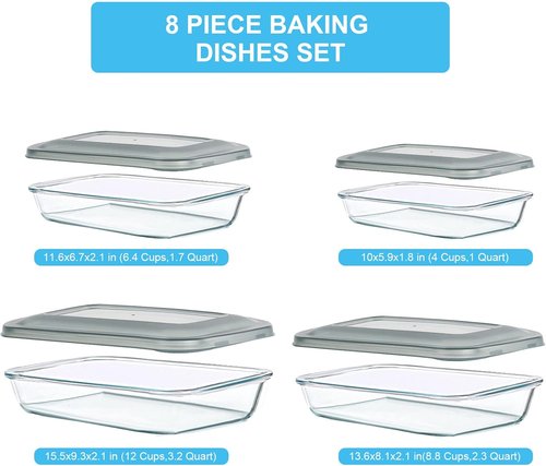 KOMUEE Glass Baking Dish Set - 8 Rectangular Bakeware Pans with Lids for Lasagna & Leftovers - Gray