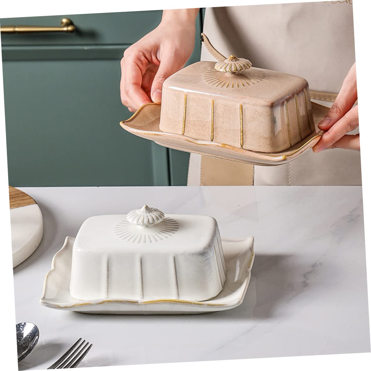 STOBAZA Ceramic Butter Dish with Lid 7.59X5.59X3.54 Inch Porcelain Butter Plate for Kitchen Counter Food Storage and Serving Decorative Tray for Home and Restaurant Use