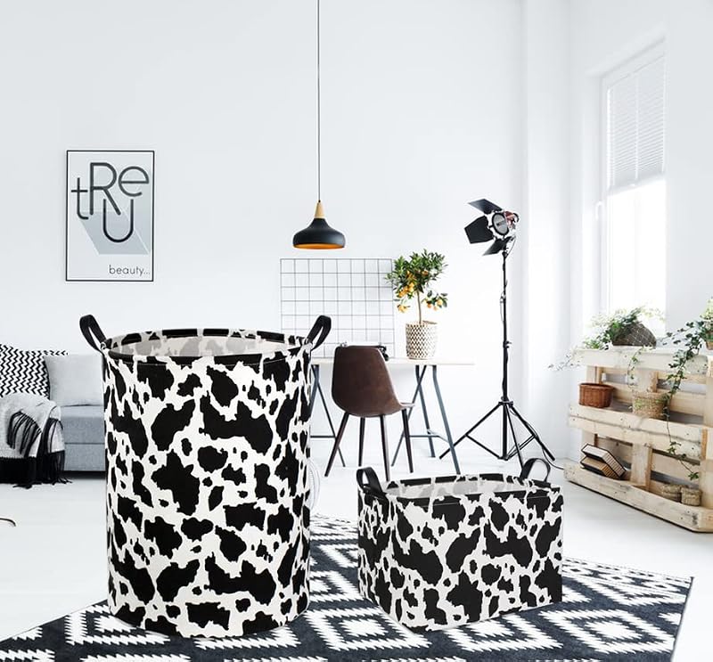 Collapsible Cow Print Laundry Basket with Handles - Nursery Storage Bin