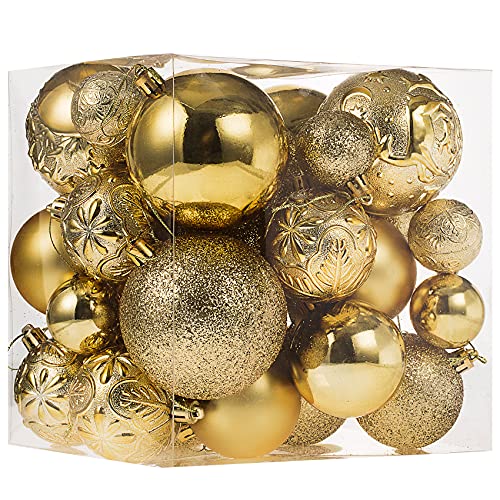 Senjie 32Pcs Gold Shatterproof Christmas Ornaments Set – 11 small, 15 medium, 6 large Gold Balls