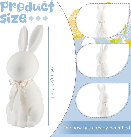 Lineshading White Easter Bunny Decoration - 25" Flocked Standing Bunny Figurine for Porch & Lawn