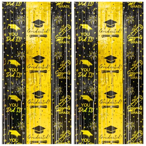 Black & Gold Tinsel Backdrop Curtains for Graduation - 2 Pack, 3.3 x 6.6 ft