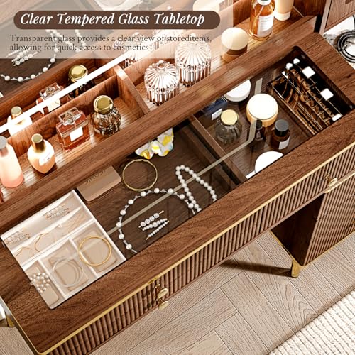 Modern Makeup Vanity Desk with Lighted Mirror, 7 Drawers & Charging Station