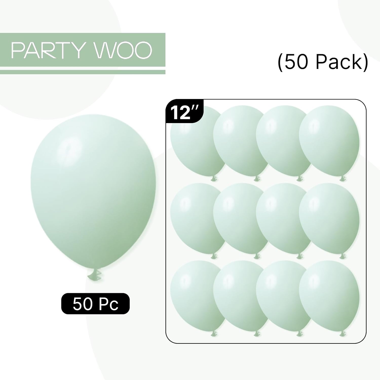 PartyWoo Mint Green Balloons - 50 Pcs 12 Inch Pastel Latex Helium Balloons for Celebrations