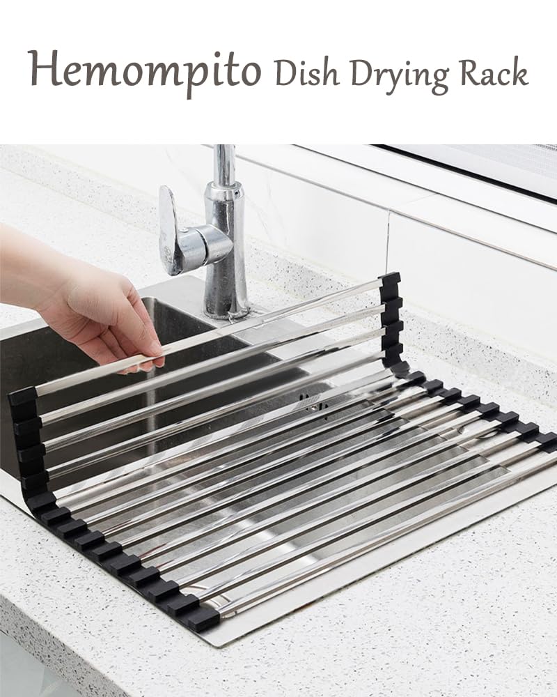 Hemompito 17.72" Dish Drying Rack Over The Sink, 304 Stainless Steel, Non-Slip Silicone Edges & Quick Drainage, Folding Space-Saving for Home & RV Kitchen, Dish Drainer, Cooling Rack & Sink Cover
