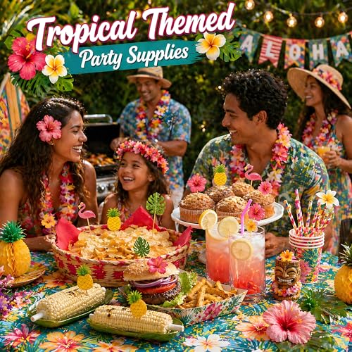 OHOME Luau Party Decorations - 48 Tropical Cocktail Picks with Flamingo, Pineapple & Cactus Designs