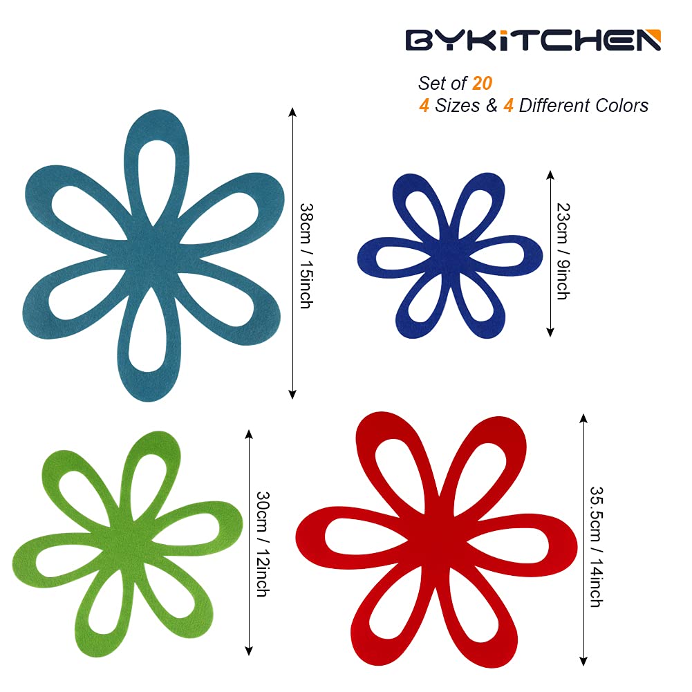 BYKITCHEN Felt Pan Separators, Set of 20 & 4 Different Sizes, Flower Glass Bowl Dish Separator Protectors for Stacking and Protecting Glassware, Cookware and More